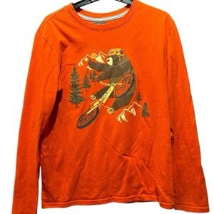 Eddie Bauer size large (14-16) bear riding bicycle long sleeve Orange top